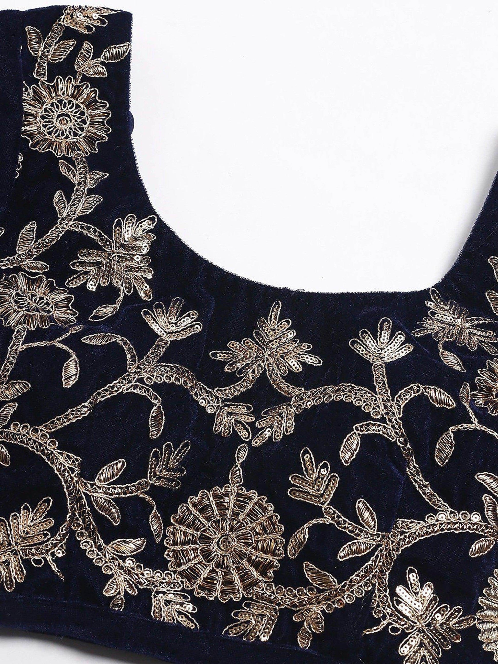 Beautiful Navy Blue Colored Party Wear Designer Embroidered Velvet Lehenga Choli - Zeel Clothing