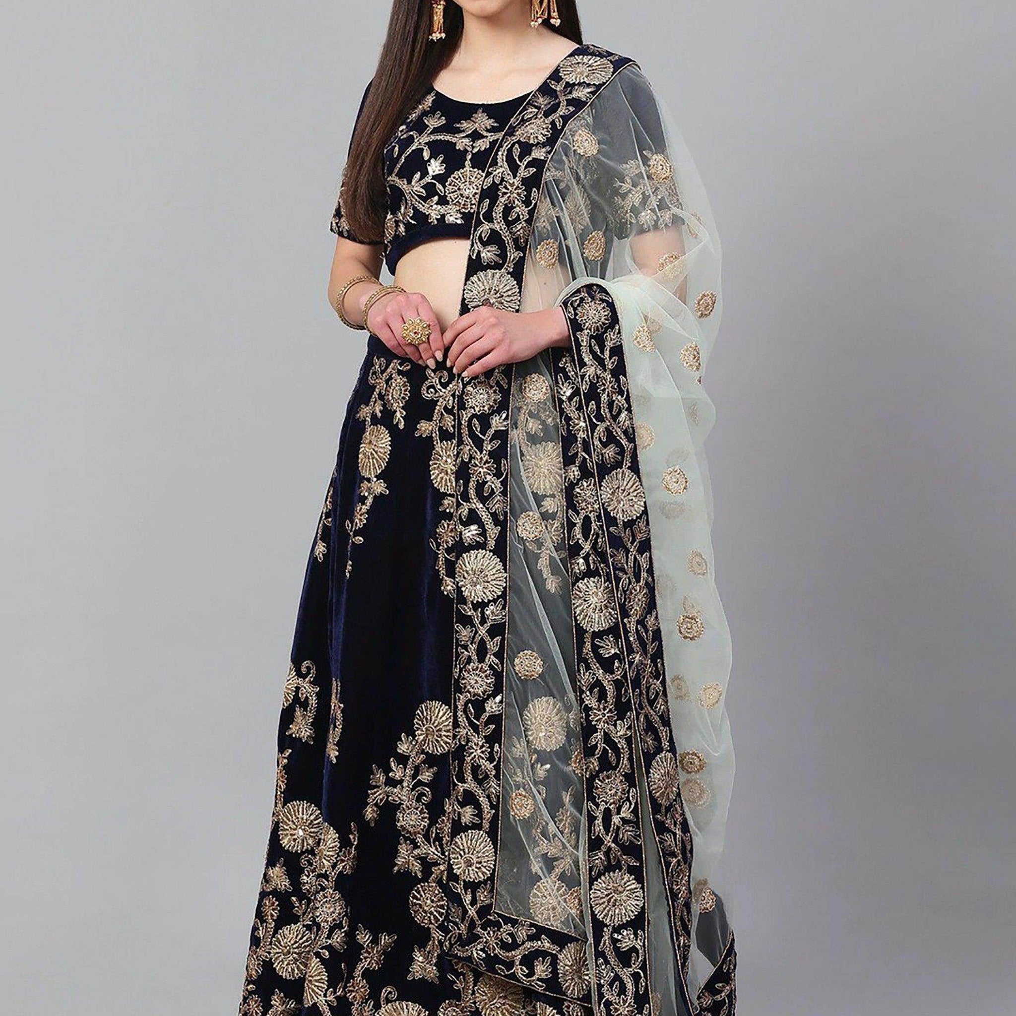 Beautiful Navy Blue Colored Party Wear Designer Embroidered Velvet Lehenga Choli - Zeel Clothing