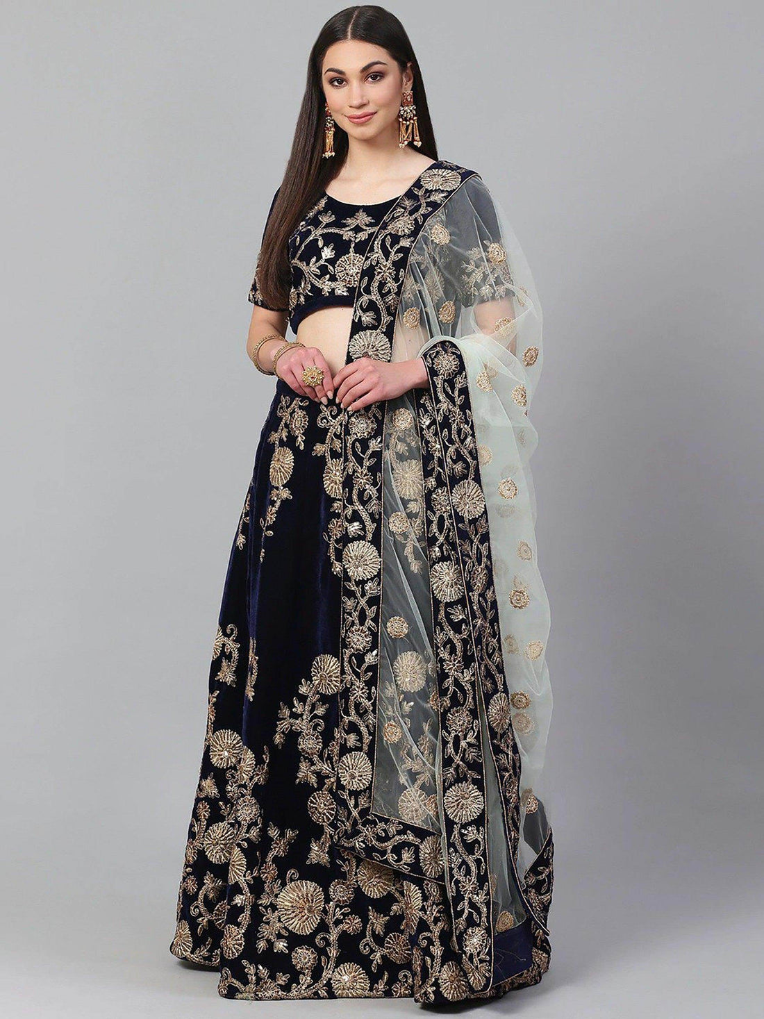 Beautiful Navy Blue Colored Party Wear Designer Embroidered Velvet Lehenga Choli - Zeel Clothing