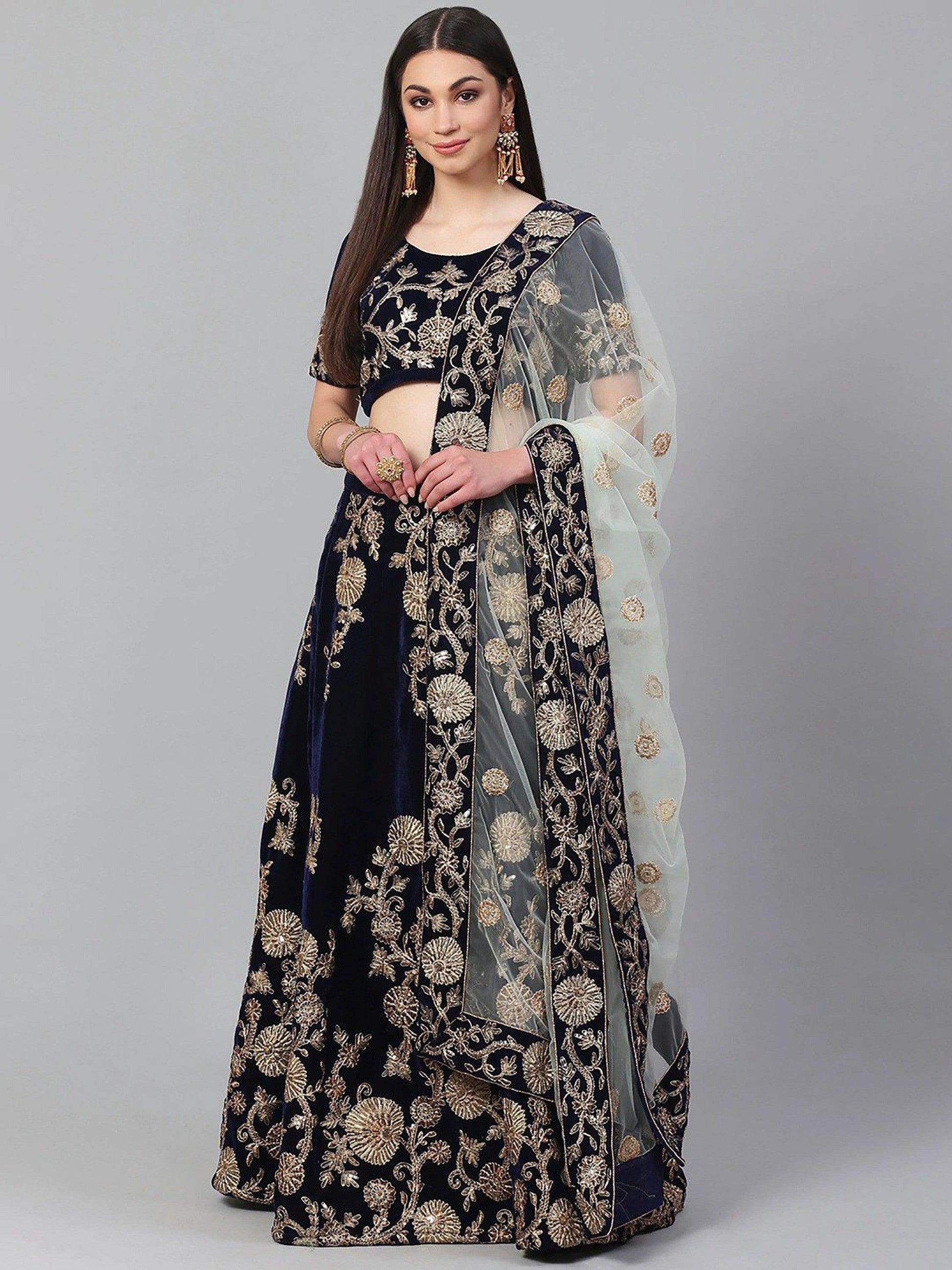 Beautiful Navy Blue Colored Party Wear Designer Embroidered Velvet Lehenga Choli - Zeel Clothing