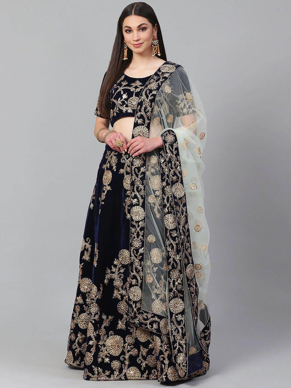 Beautiful Navy Blue Colored Party Wear Designer Embroidered Velvet Lehenga Choli - Zeel Clothing