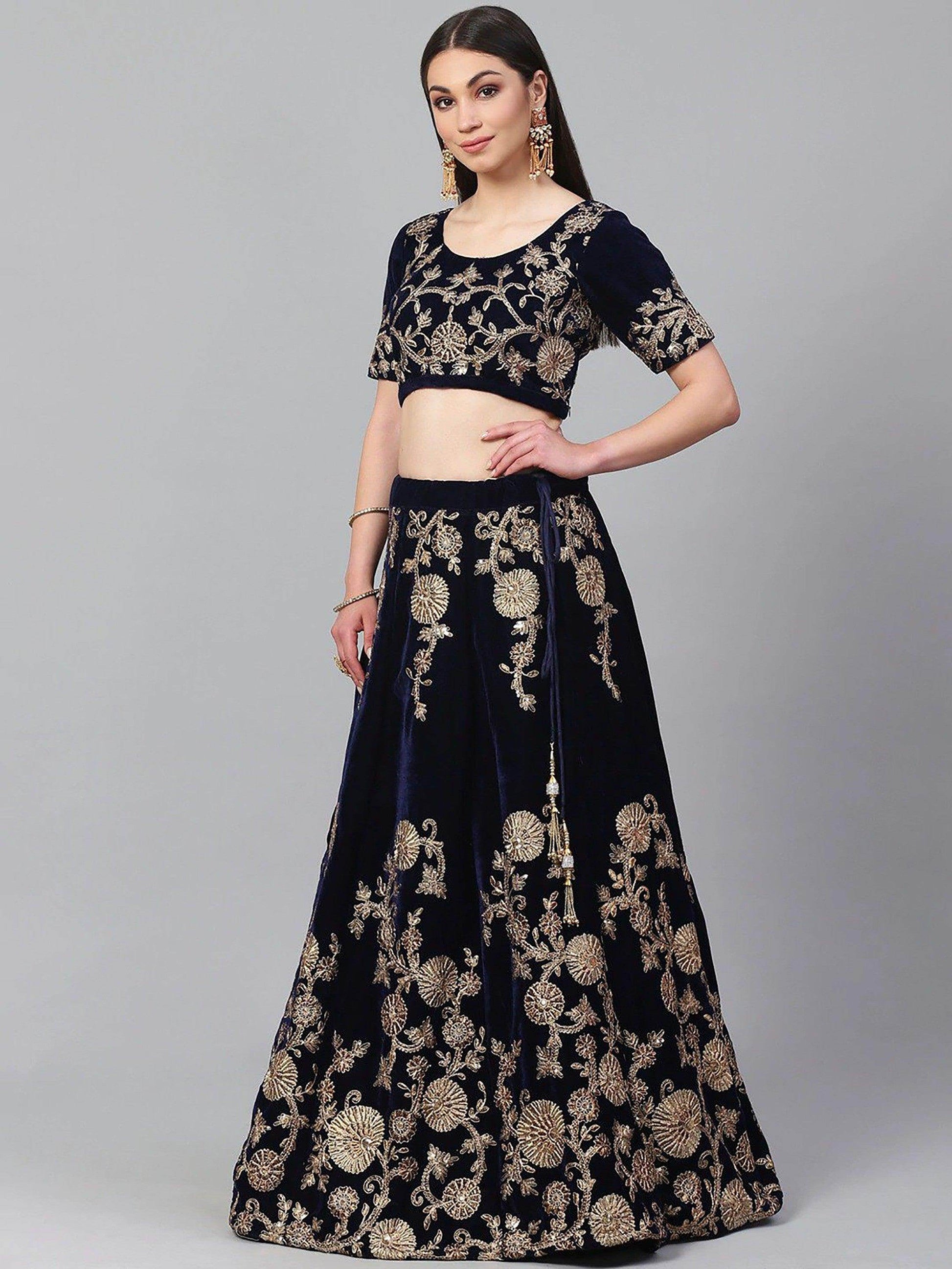 Beautiful Navy Blue Colored Party Wear Designer Embroidered Velvet Lehenga Choli - Zeel Clothing
