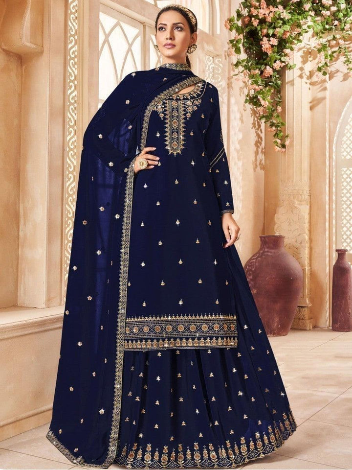 Beautiful Navy Blue Embroidered Georgette Lehenga Suit With Dupatta