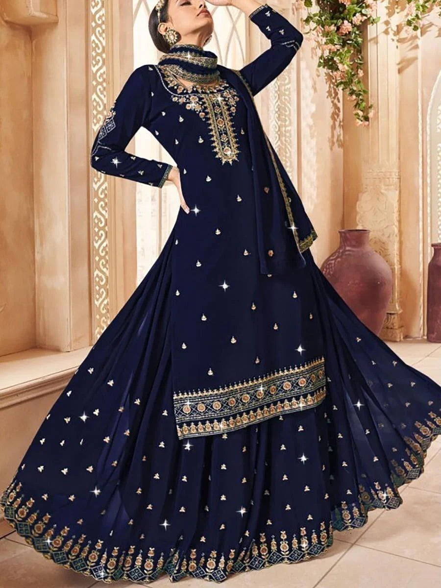 Beautiful Navy Blue Embroidered Georgette Lehenga Suit With Dupatta