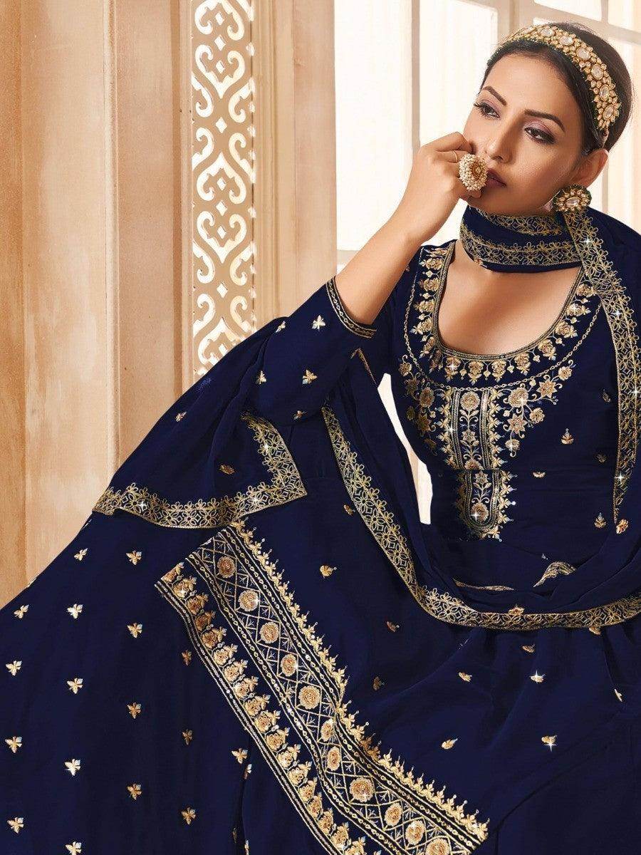 Beautiful Navy Blue Embroidered Georgette Lehenga Suit With Dupatta - Zeel Clothing