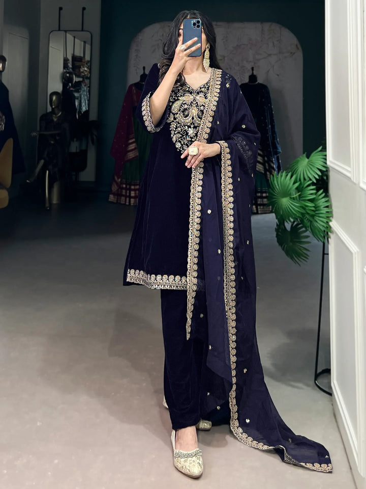 Beautiful Navy Blue Embroidered Velvet Eid Special Pant Suit - Zeel Clothing