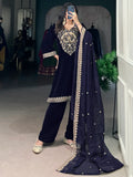 Beautiful Navy Blue Embroidered Velvet Eid Special Pant Suit - Zeel Clothing