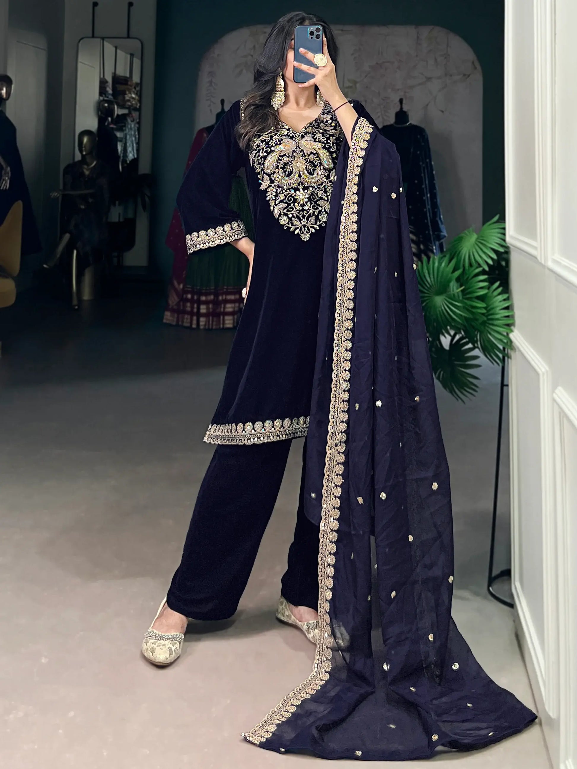 Beautiful Navy Blue Embroidered Velvet Eid Special Pant Suit - Zeel Clothing