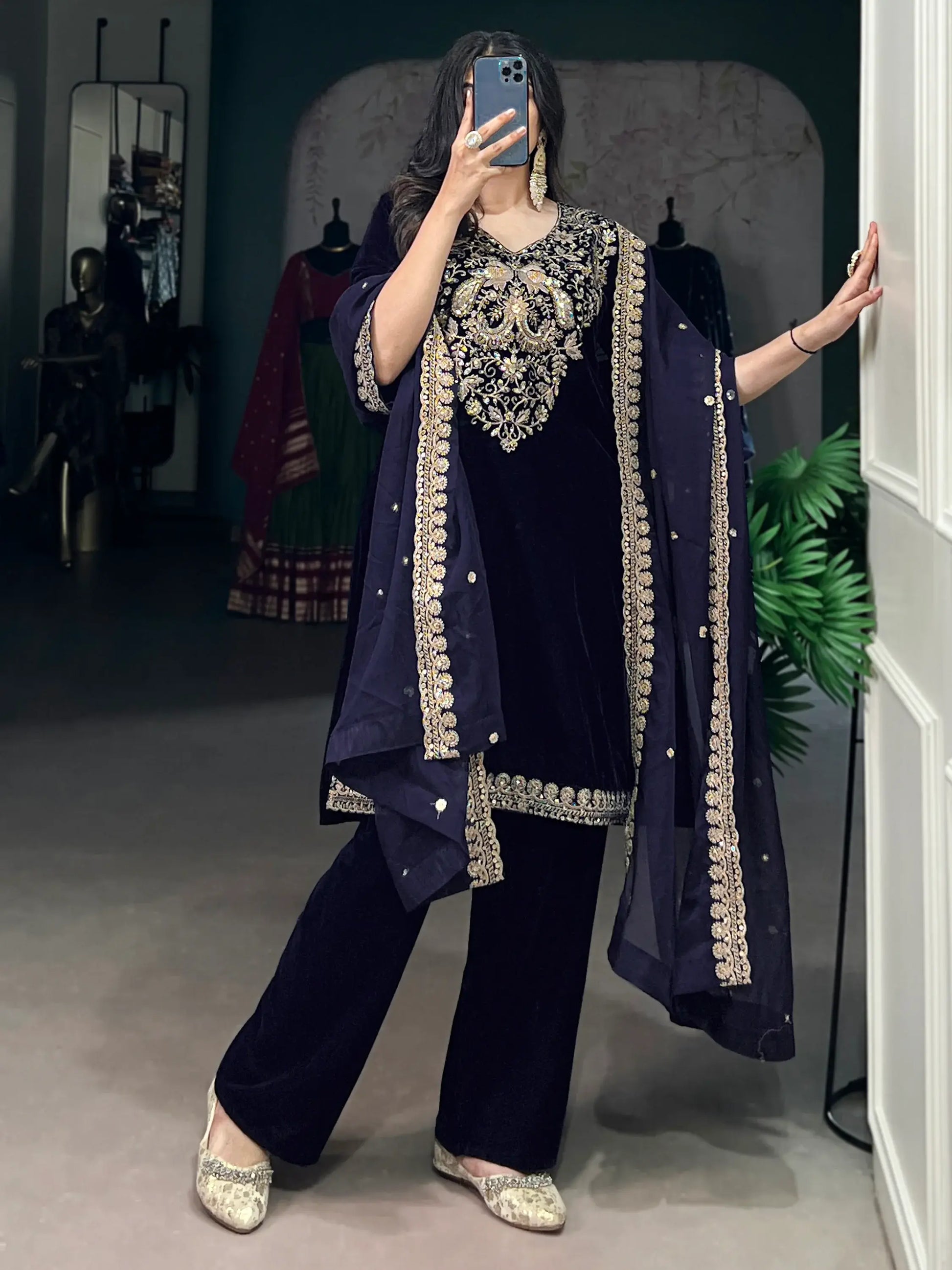 Beautiful Navy Blue Embroidered Velvet Eid Special Pant Suit - Zeel Clothing