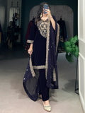 Beautiful Navy Blue Embroidered Velvet Eid Special Pant Suit - Zeel Clothing