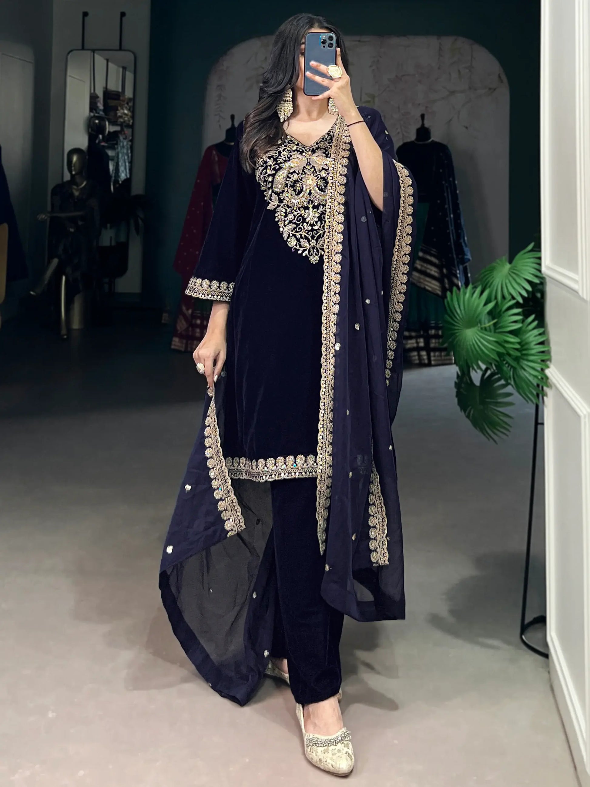Beautiful Navy Blue Embroidered Velvet Eid Special Pant Suit - Zeel Clothing