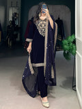 Beautiful Navy Blue Embroidered Velvet Eid Special Pant Suit - Zeel Clothing