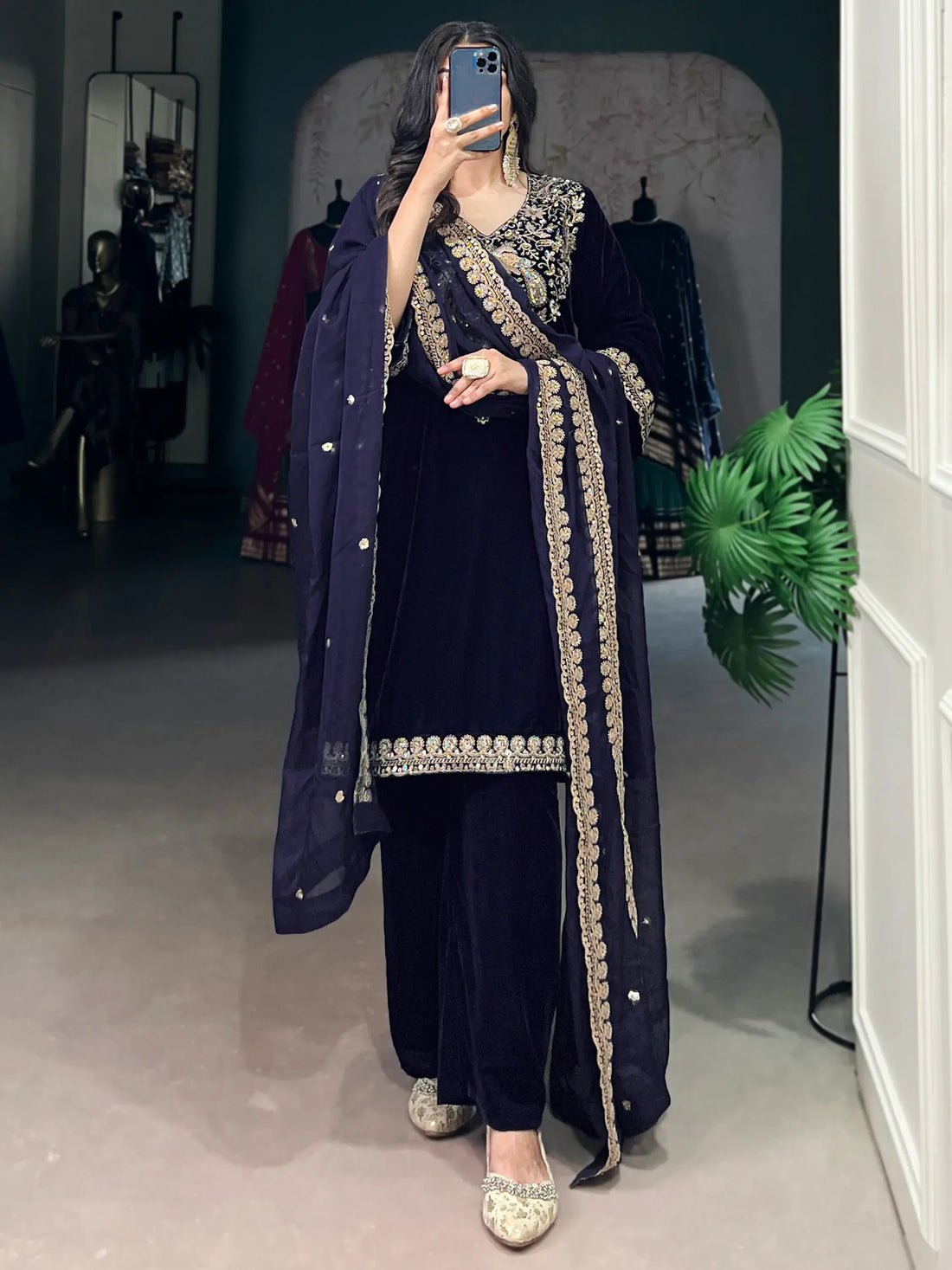 Beautiful Navy Blue Embroidered Velvet Eid Special Pant Suit - Zeel Clothing
