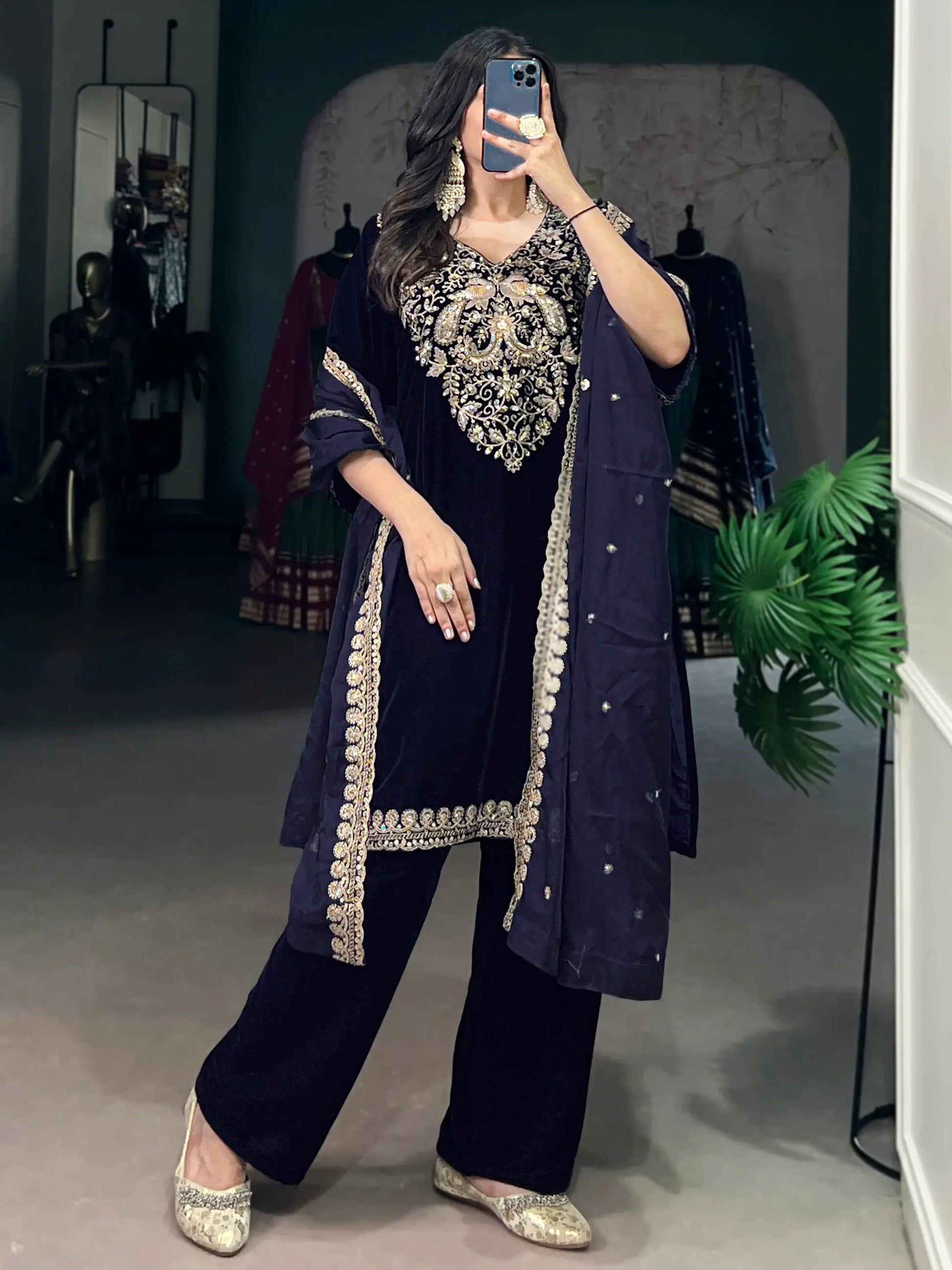 Beautiful Navy Blue Embroidered Velvet Eid Special Pant Suit - Zeel Clothing