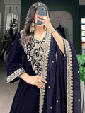Beautiful Navy Blue Embroidered Velvet Eid Special Pant Suit - Zeel Clothing
