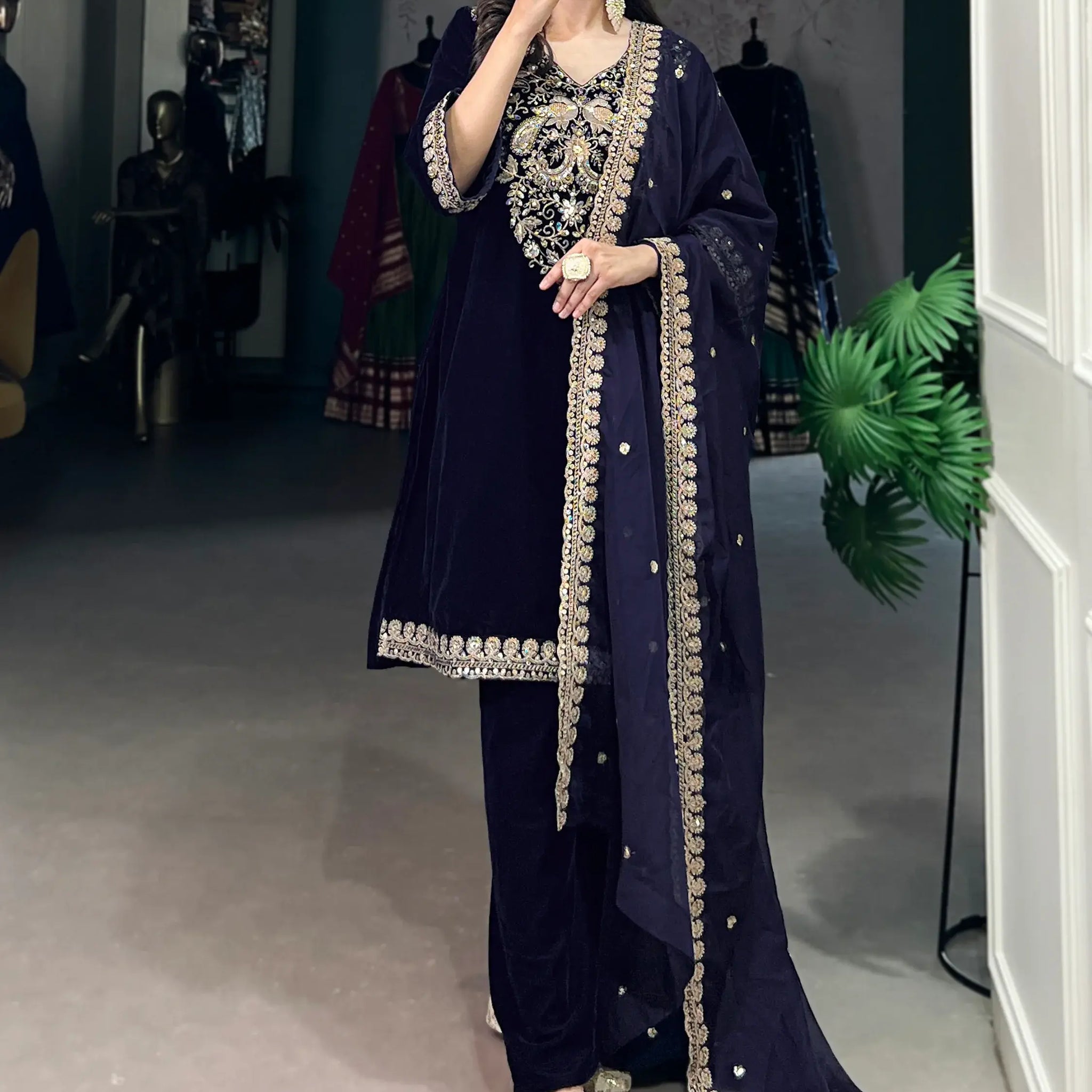 Beautiful Navy Blue Embroidered Velvet Eid Special Pant Suit - Zeel Clothing