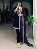 Beautiful Navy Blue Embroidered Velvet Eid Special Pant Suit - Zeel Clothing