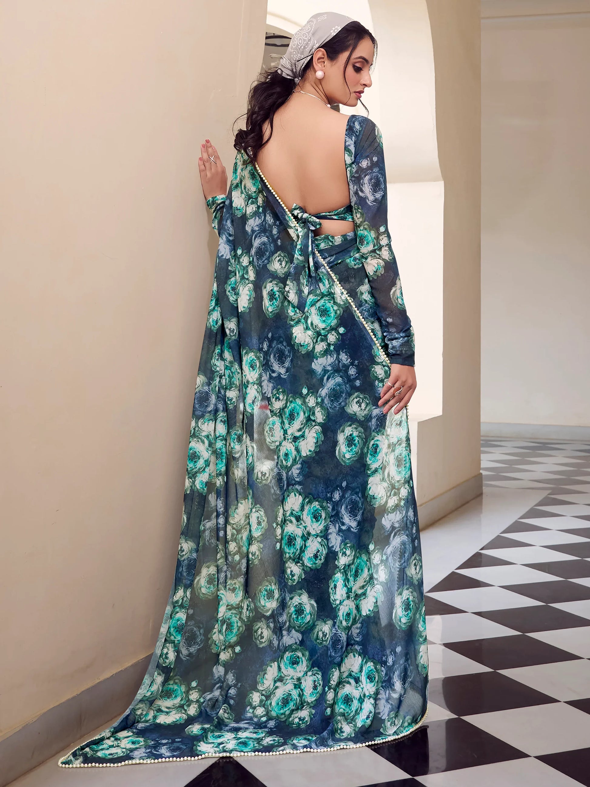 Beautiful Navy Blue Floral Printed Georgette Event Wear Saree - Zeel Clothing