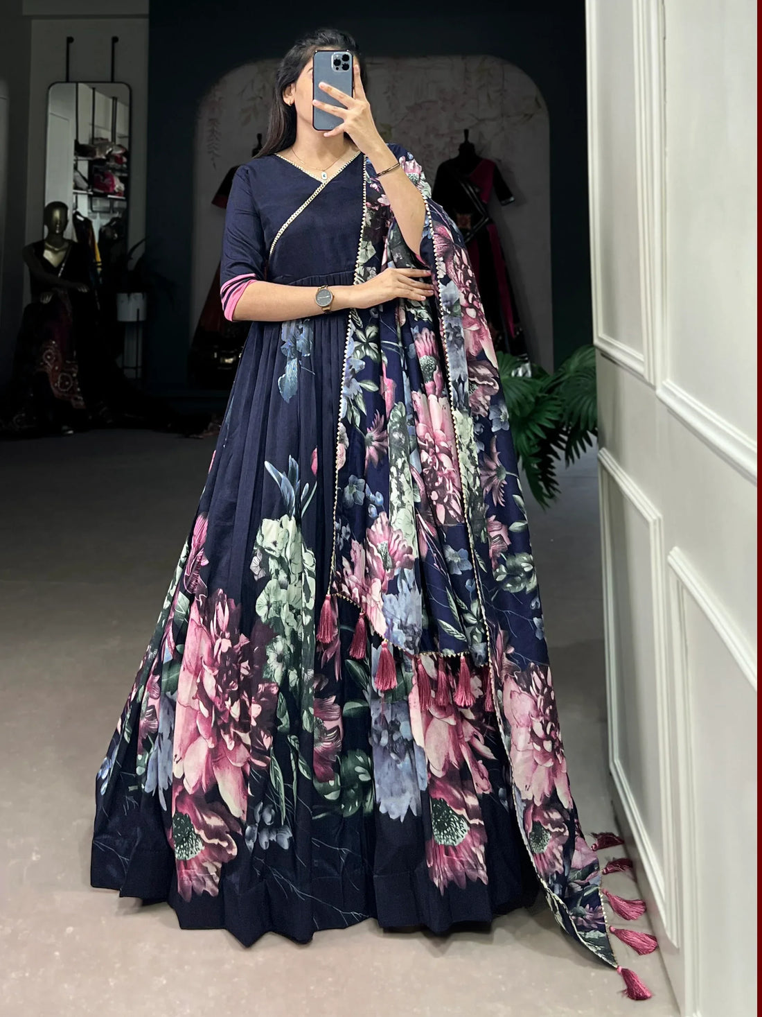 Beautiful Navy Blue Floral Printed Tussar Silk Event Wear Gown - Zeel Clothing