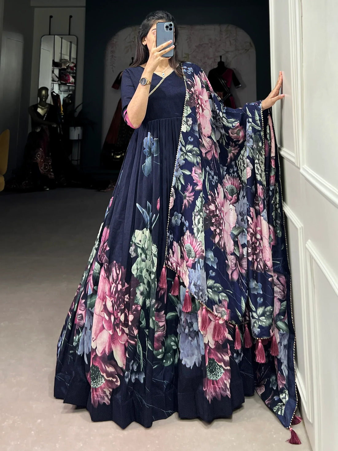 Beautiful Navy Blue Floral Printed Tussar Silk Event Wear Gown - Zeel Clothing