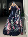 Beautiful Navy Blue Floral Printed Tussar Silk Event Wear Gown - Zeel Clothing