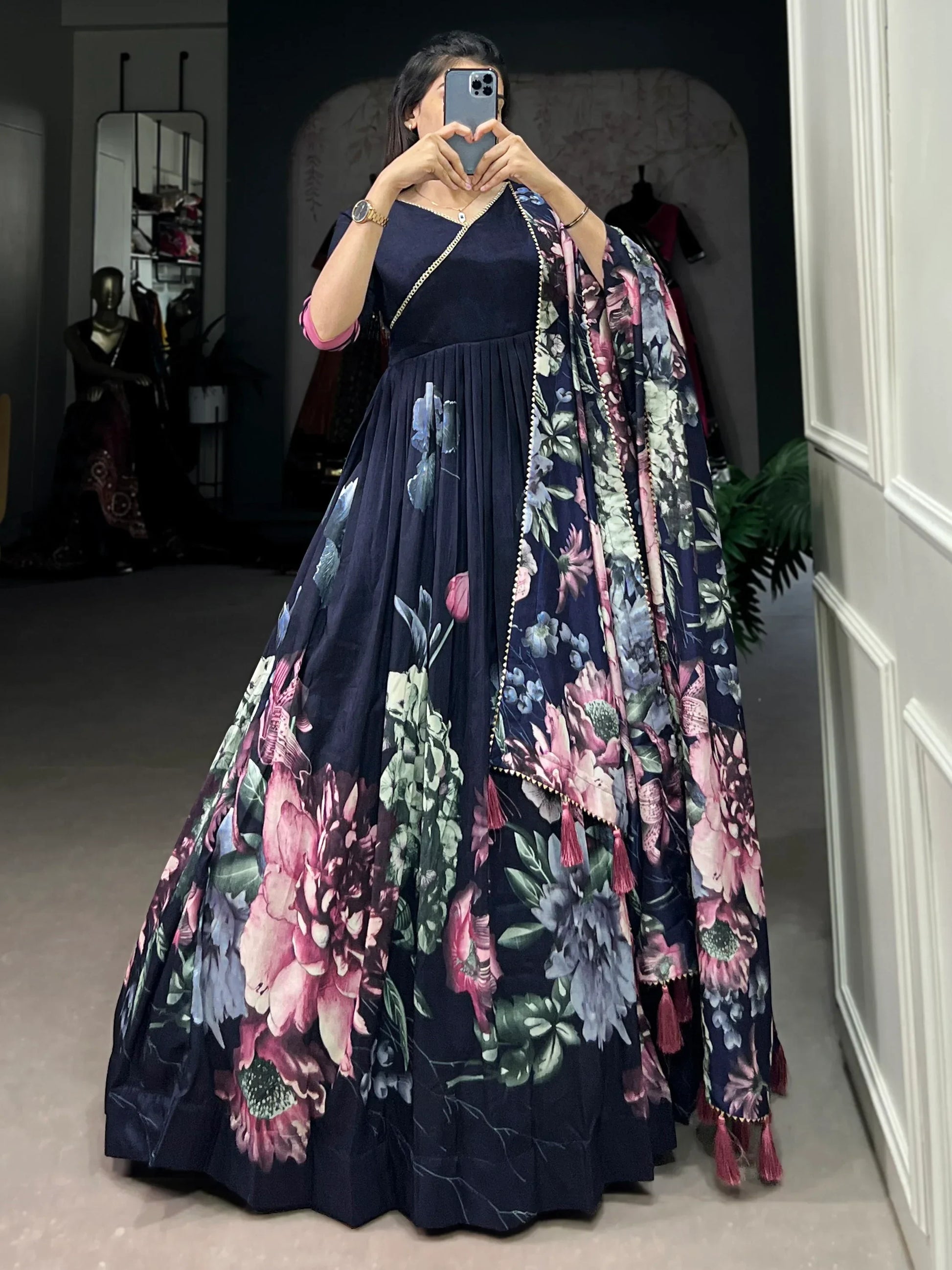 Beautiful Navy Blue Floral Printed Tussar Silk Event Wear Gown - Zeel Clothing
