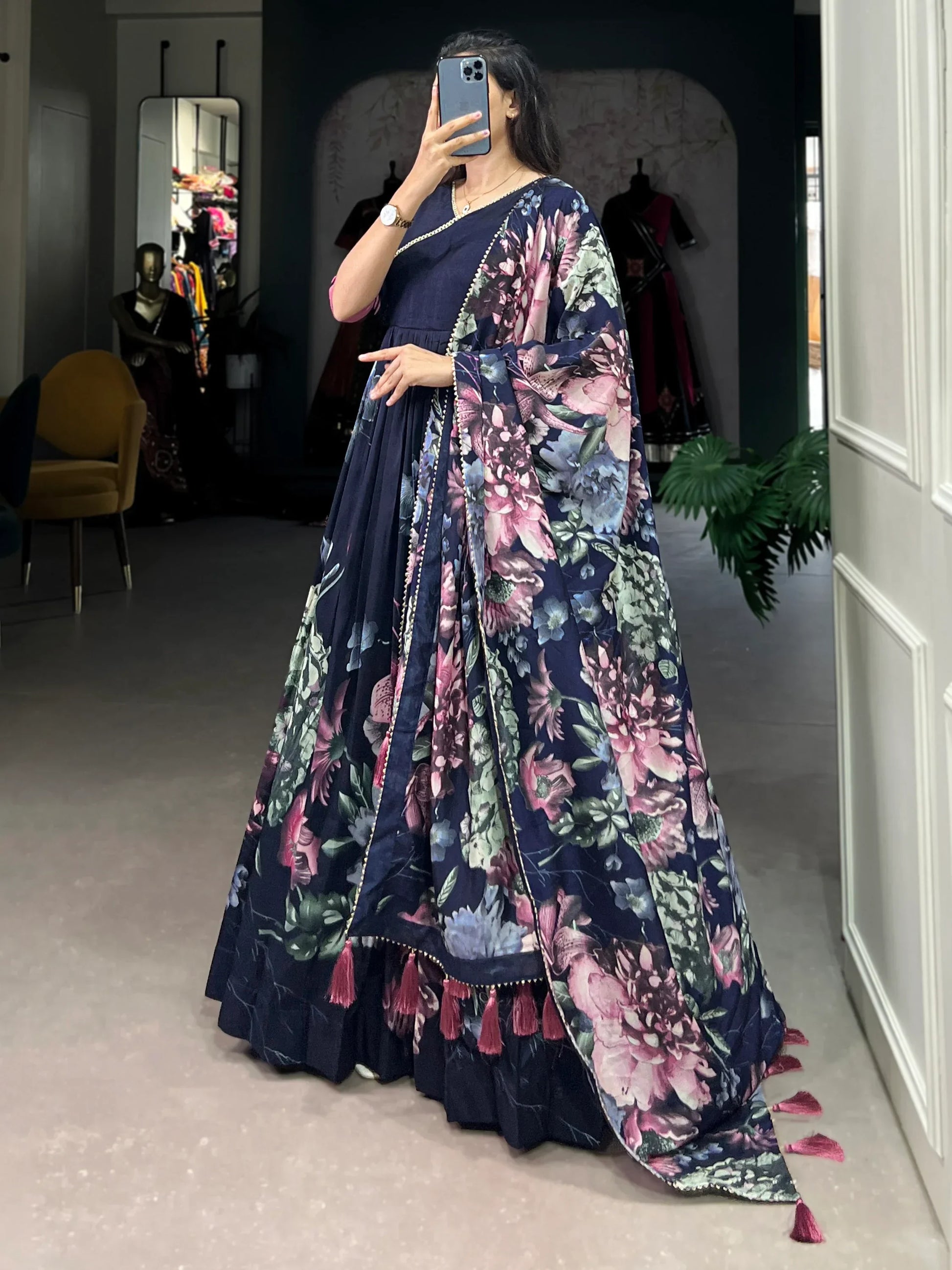 Beautiful Navy Blue Floral Printed Tussar Silk Event Wear Gown - Zeel Clothing