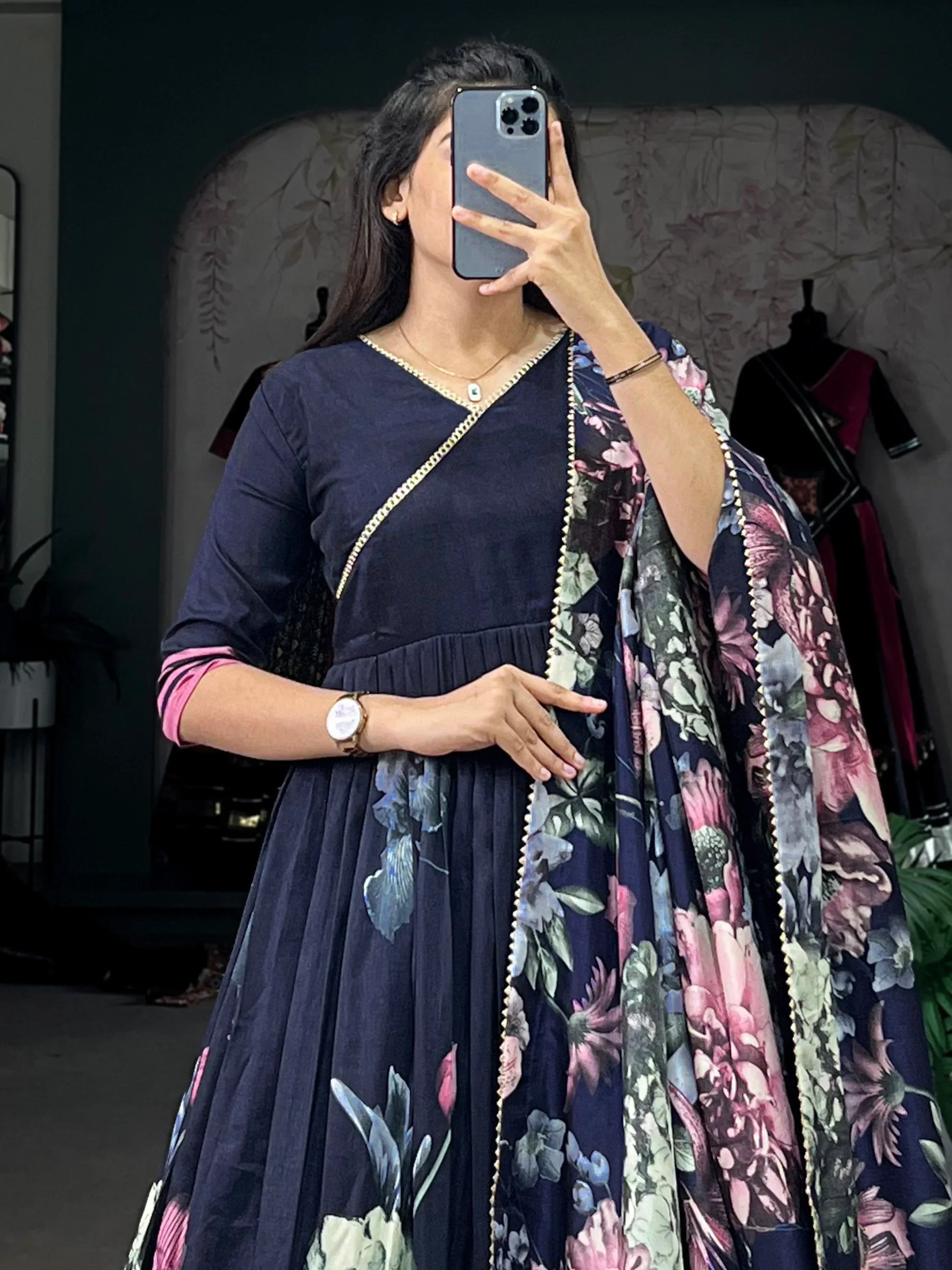 Beautiful Navy Blue Floral Printed Tussar Silk Event Wear Gown - Zeel Clothing