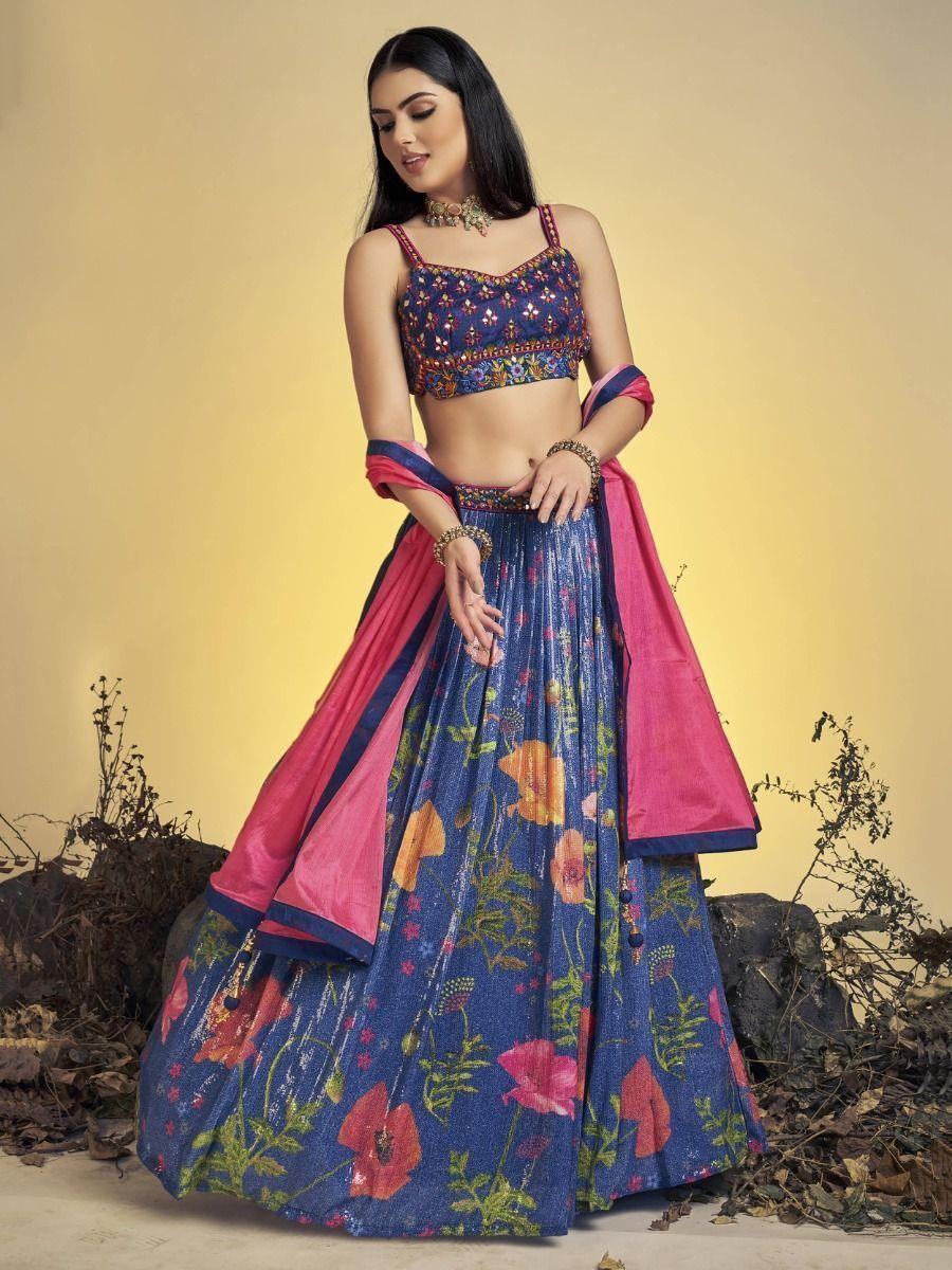 Beautiful Navy Blue Floral Sequins Silk Wedding Wear Lehenga Choli