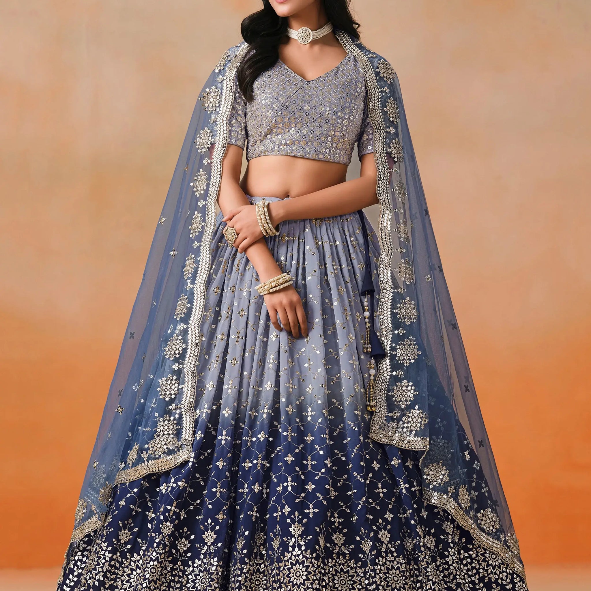 Beautiful Navy Blue Georgette Designer Lehenga Choli With Dupatta - Zeel Clothing