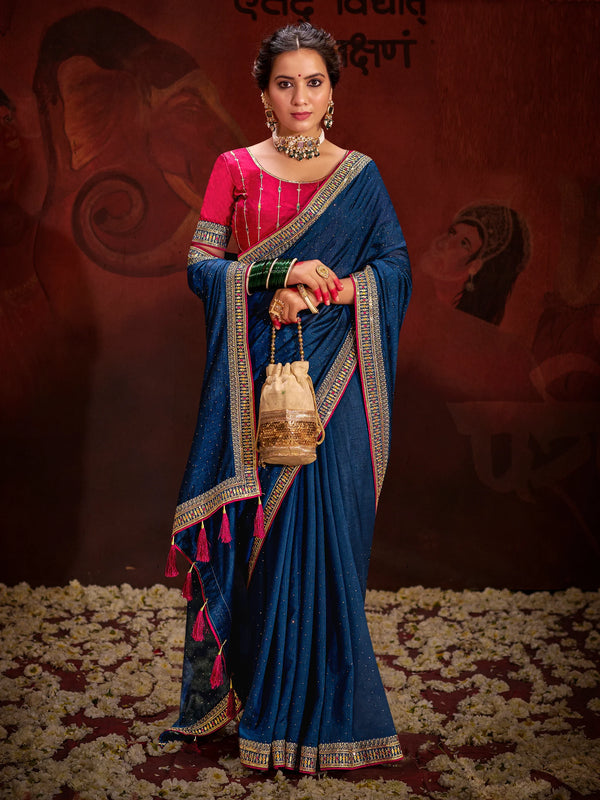 Beautiful Navy Blue Lace Work Silk Engagement Wear Saree With Blouse - Zeel Clothing