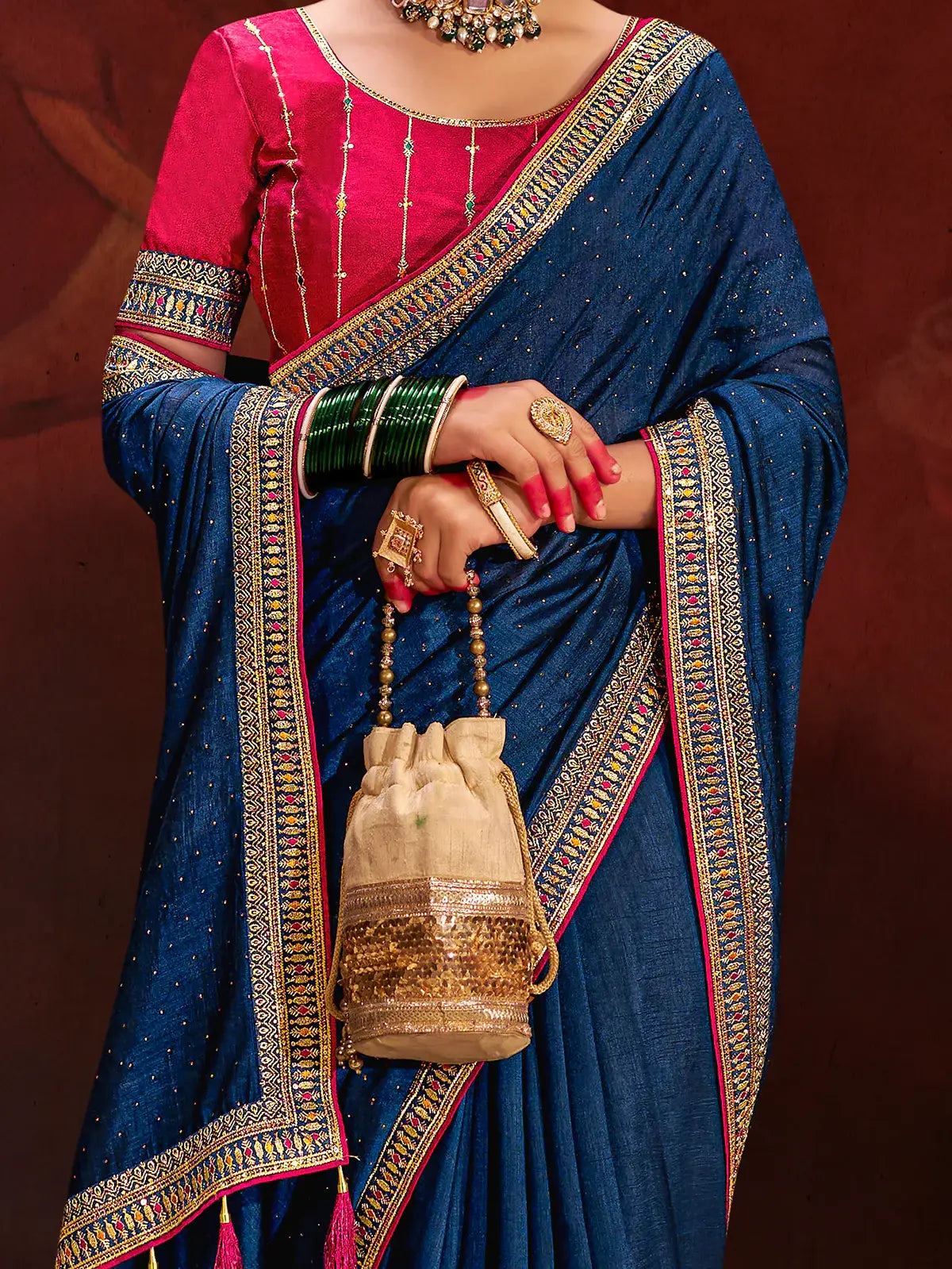 Beautiful Navy Blue Lace Work Silk Engagement Wear Saree With Blouse - Zeel Clothing