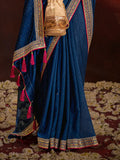 Beautiful Navy Blue Lace Work Silk Engagement Wear Saree With Blouse - Zeel Clothing