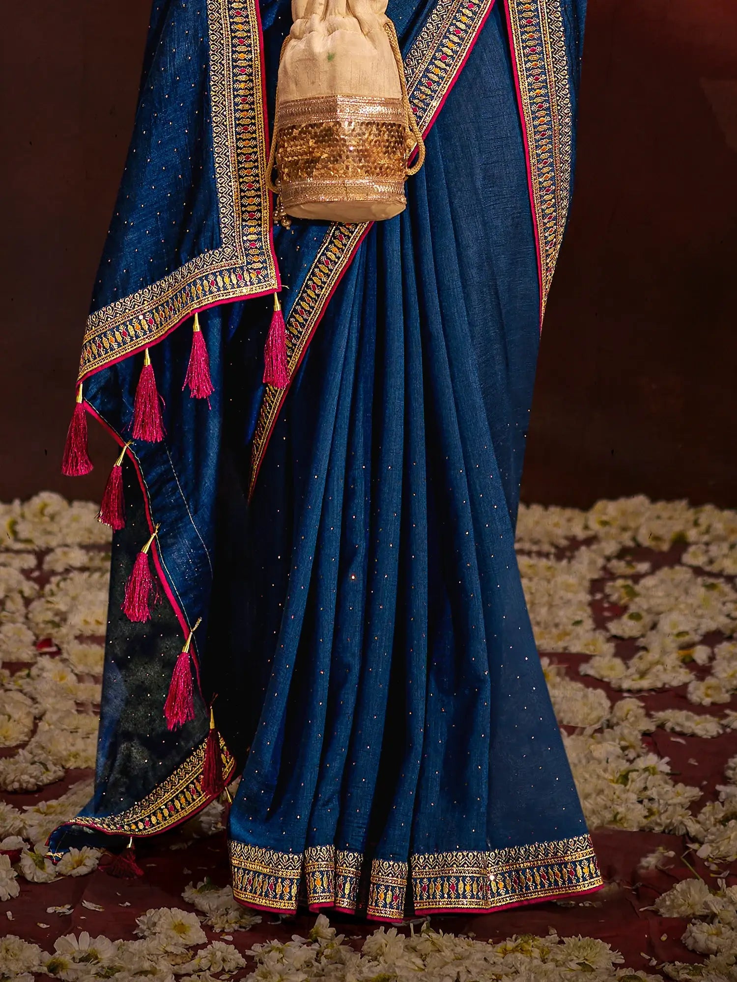 Beautiful Navy Blue Lace Work Silk Engagement Wear Saree With Blouse - Zeel Clothing