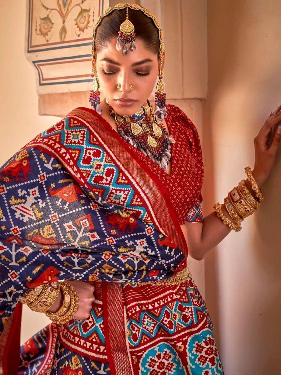 Beautiful Navy-Blue Patola Printed Silk Event Wear Saree With Blouse - Zeel Clothing