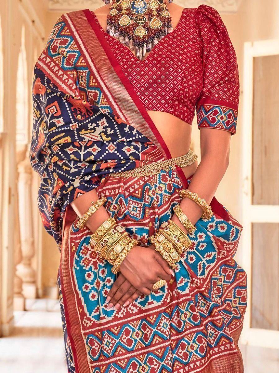 Beautiful Navy-Blue Patola Printed Silk Event Wear Saree With Blouse - Zeel Clothing