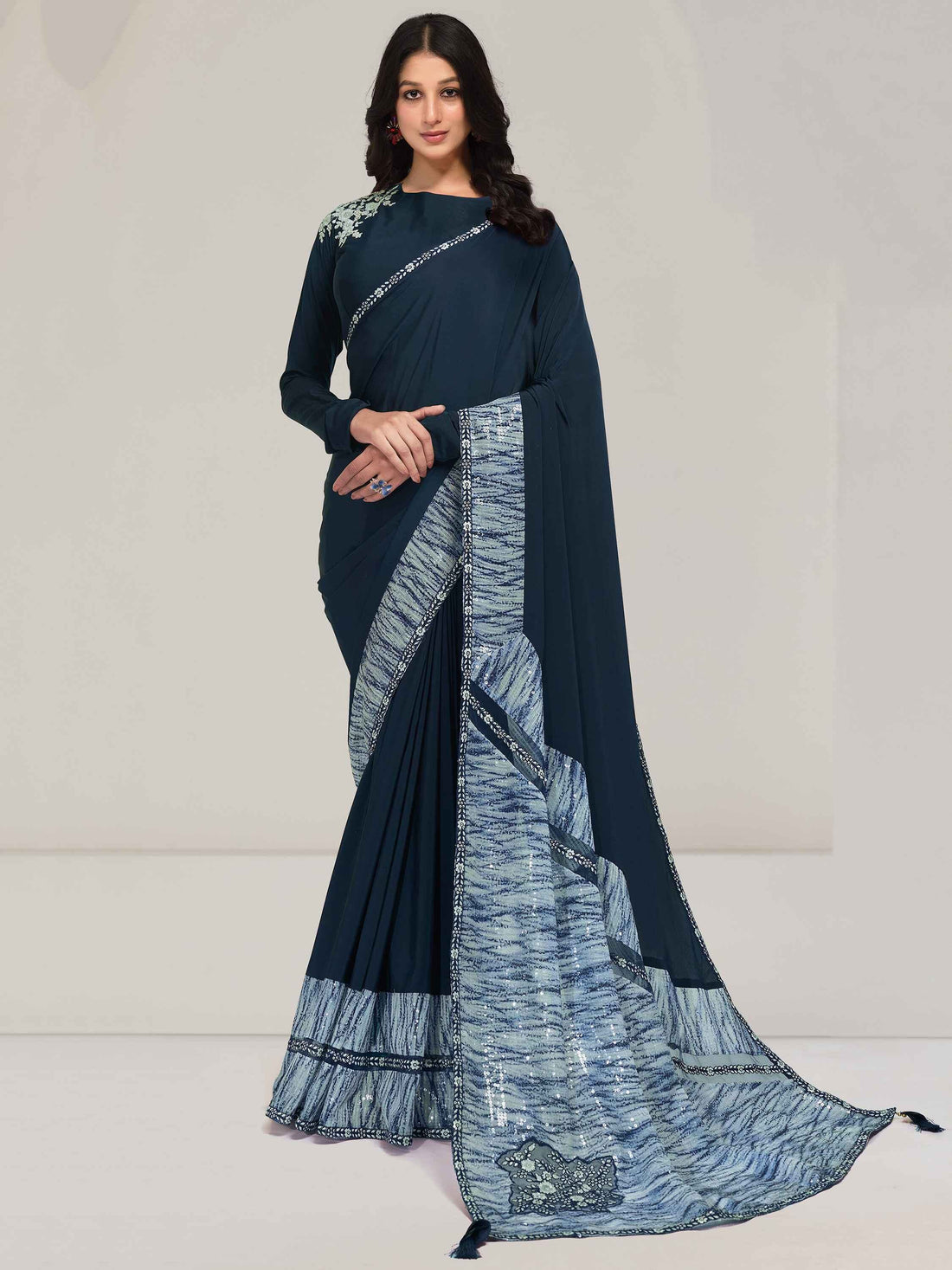 Beautiful Navy Blue Sequins Crepe Festival Wear Saree With Blouse - Zeel Clothing