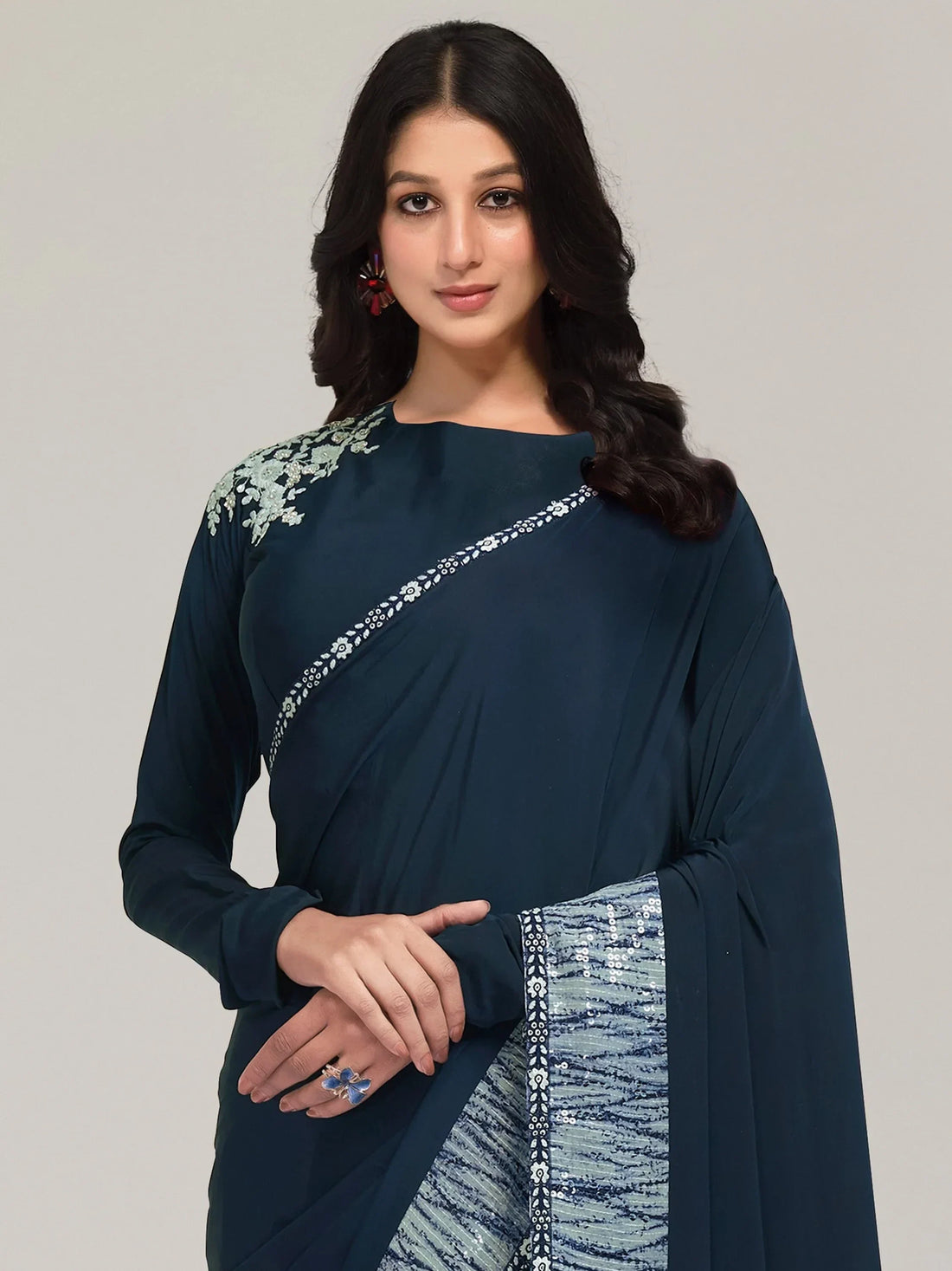 Beautiful Navy Blue Sequins Crepe Festival Wear Saree With Blouse - Zeel Clothing