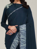 Beautiful Navy Blue Sequins Crepe Festival Wear Saree With Blouse - Zeel Clothing