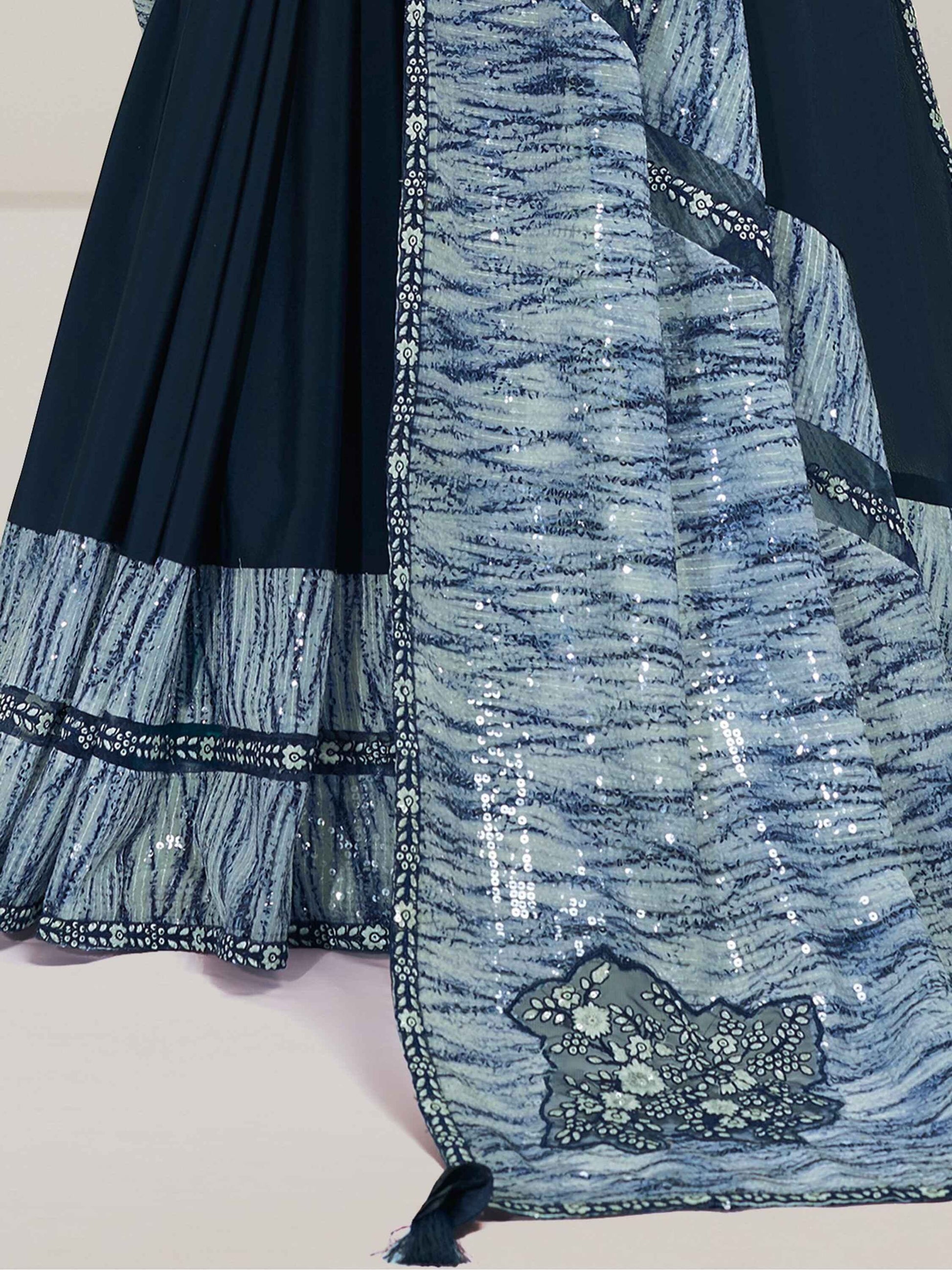 Beautiful Navy Blue Sequins Crepe Festival Wear Saree With Blouse - Zeel Clothing