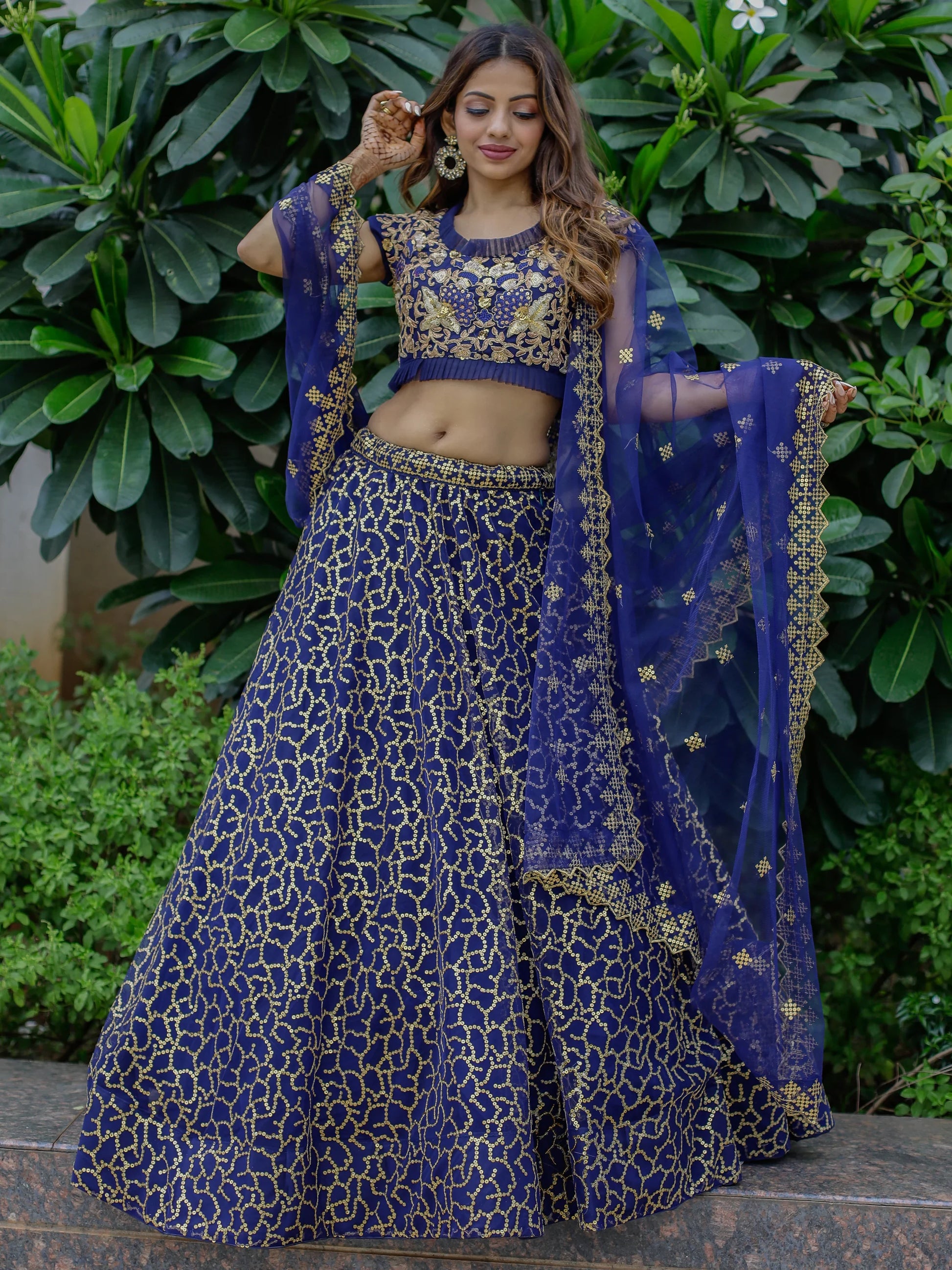 Beautiful Navy Blue Sequins Net Wedding Lehenga Choli With Dupatta - Zeel Clothing