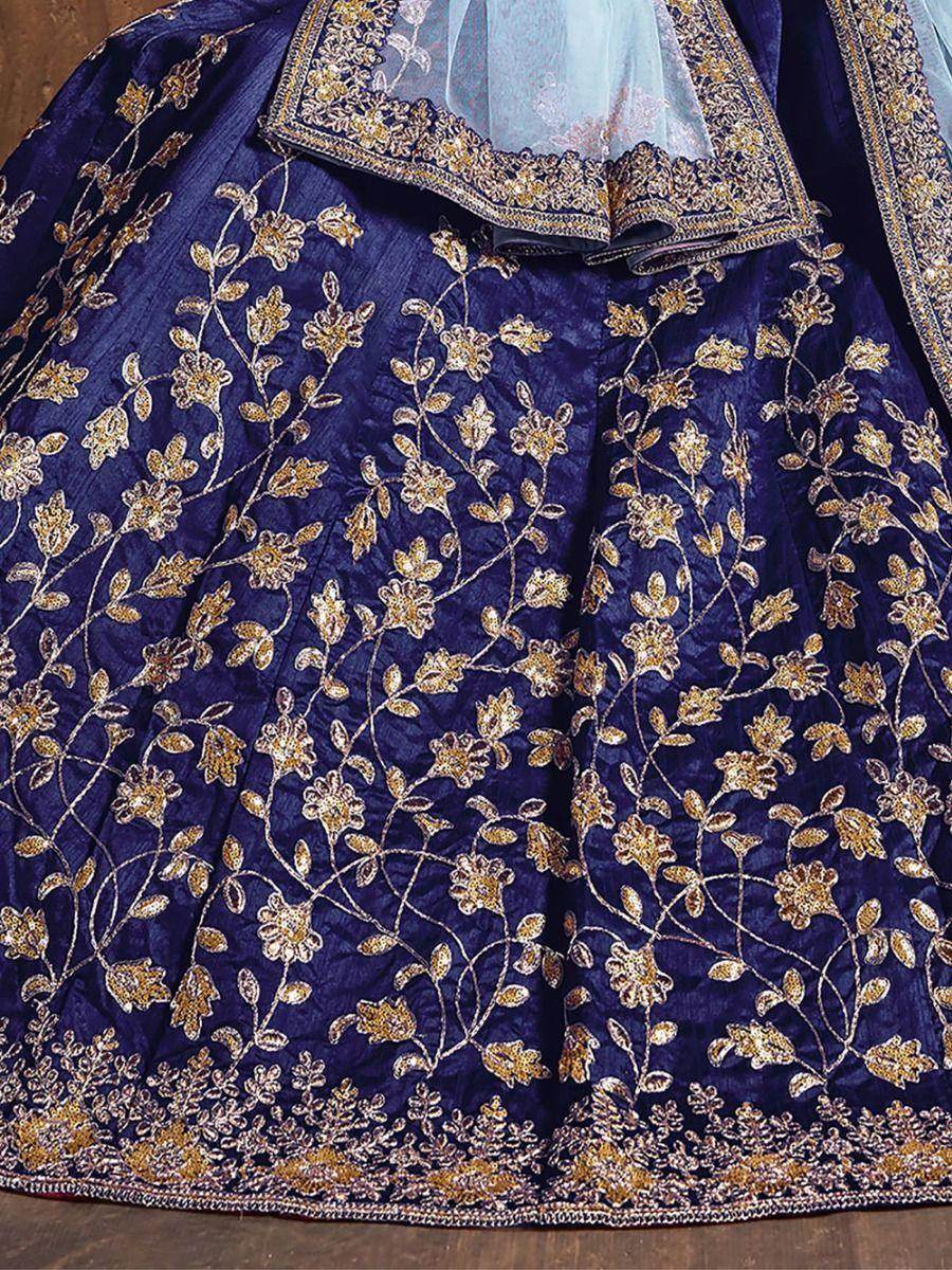 Beautiful Navy Blue Sequins Raw Silk Wedding Wear Lehenga Choli - Zeel Clothing