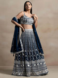 Beautiful Navy Blue Thread Work Georgette Reception Wear Lehenga Choli