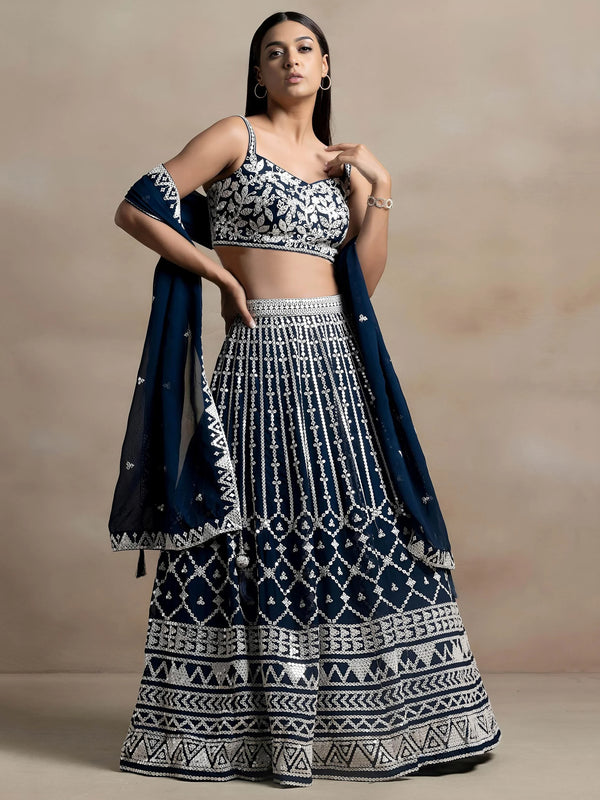 Beautiful Navy Blue Thread Work Georgette Reception Wear Lehenga Choli