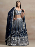 Beautiful Navy Blue Thread Work Georgette Reception Wear Lehenga Choli