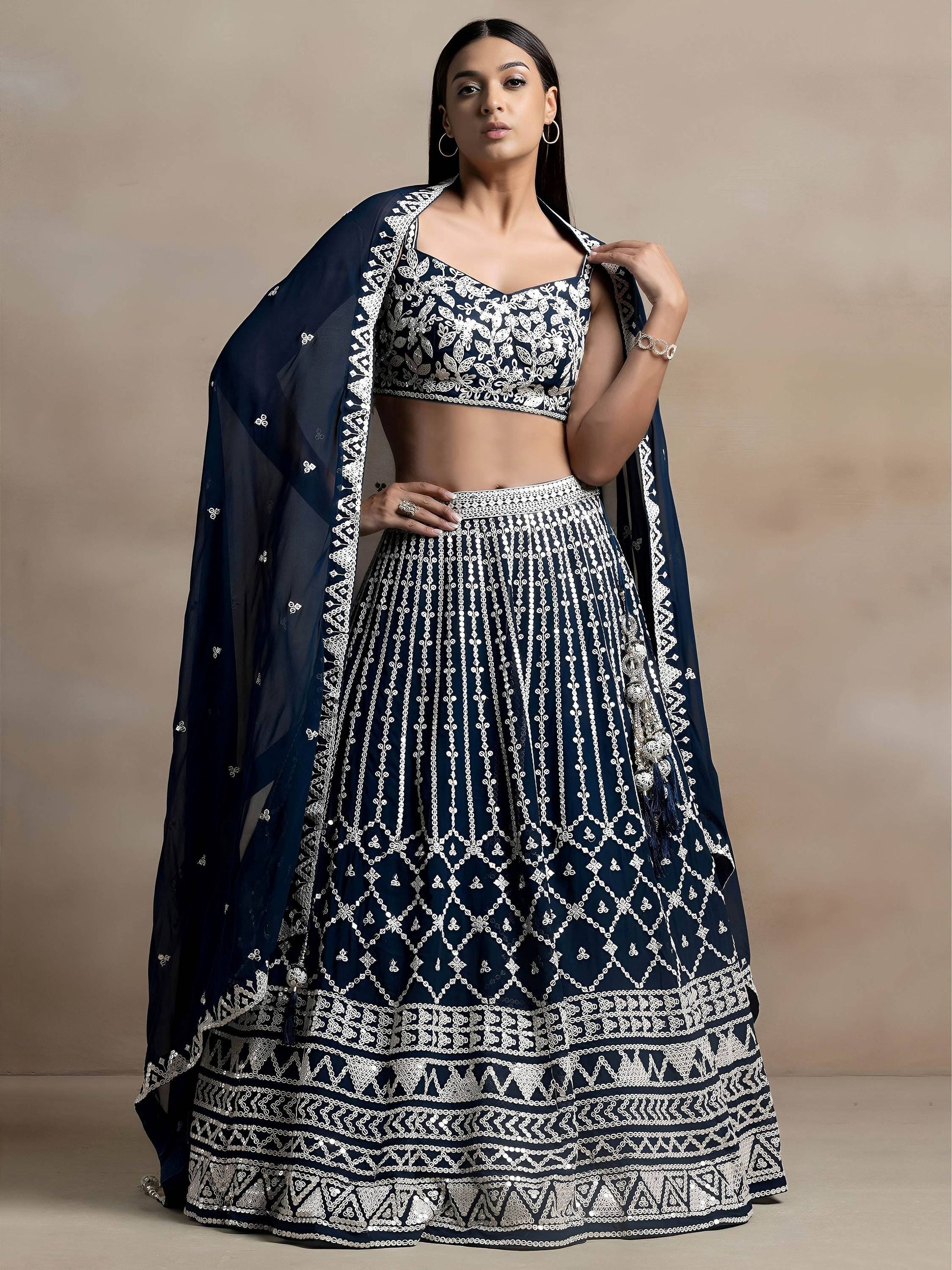 Beautiful Navy Blue Thread Work Georgette Reception Wear Lehenga Choli