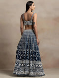 Beautiful Navy Blue Thread Work Georgette Reception Wear Lehenga Choli