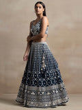 Beautiful Navy Blue Thread Work Georgette Reception Wear Lehenga Choli - Zeel Clothing