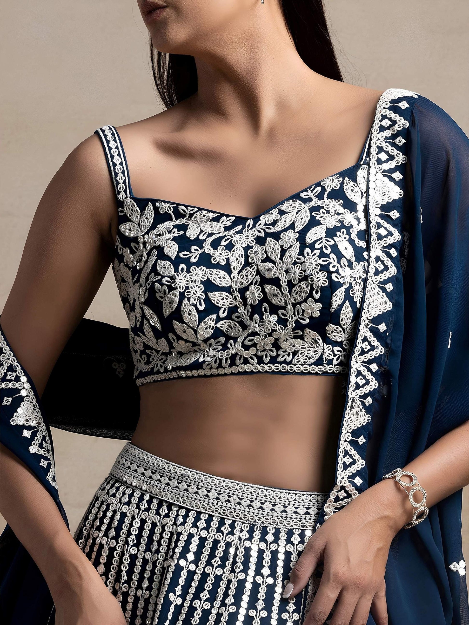 Beautiful Navy Blue Thread Work Georgette Reception Wear Lehenga Choli