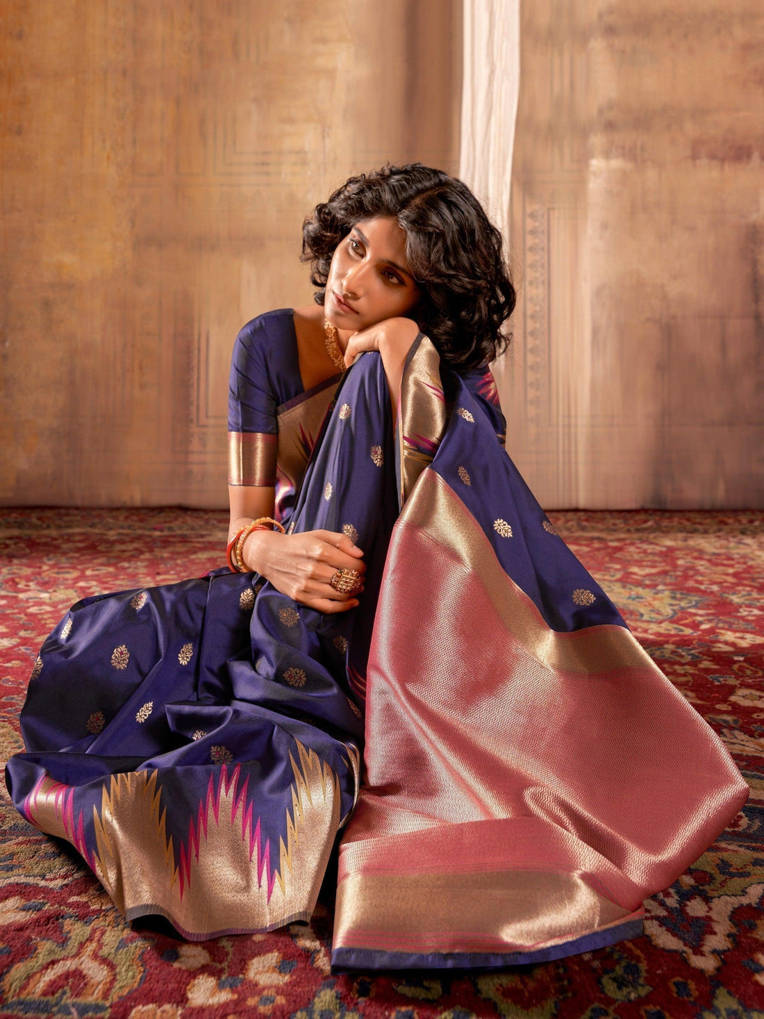 Beautiful Navy Blue Weaving Silk Traditional Saree With Blouse